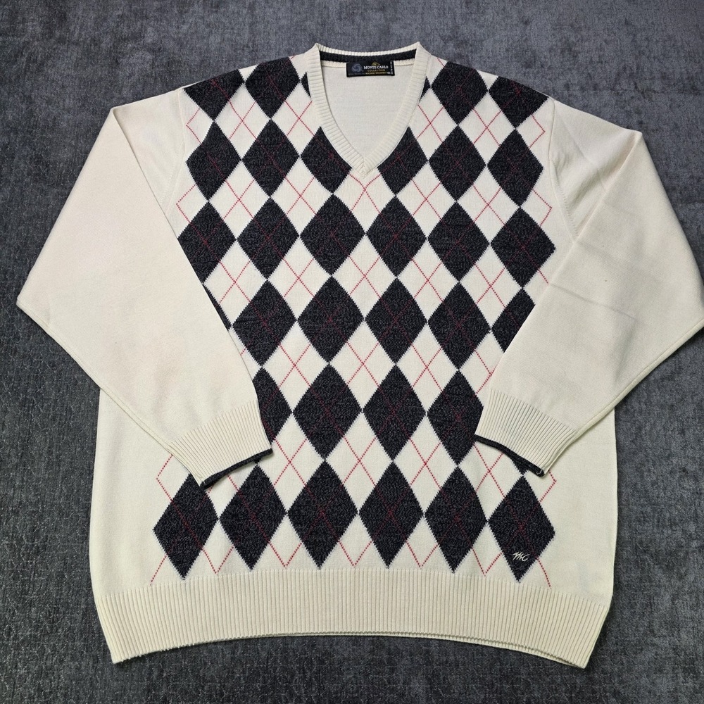 Monte Carlo Merino Wool Sweater Mens 46 XL Argyle Cream Black V Neck 80s Golf